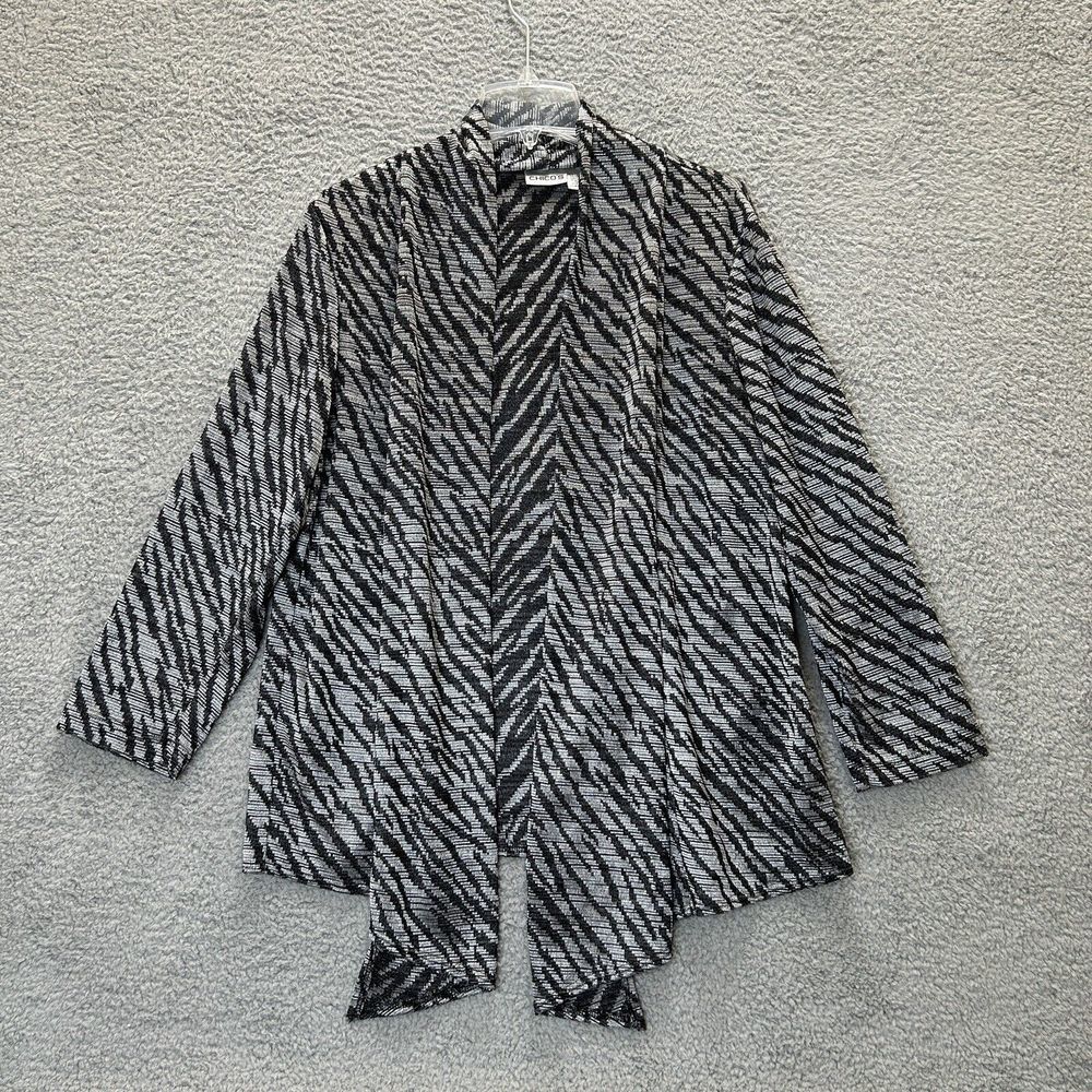 Chicos Sweater Cardigan Women L Travel Collection Shadow Lines Silver Black Open